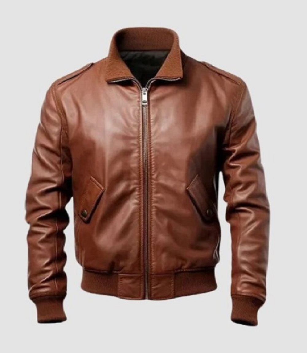 Mens Leather Jacket The Frontier Bomber Brown Flap Pockets