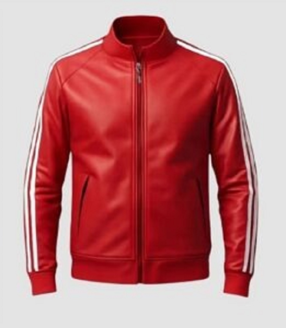 Mens Leather Varsity Red Track Jacket White Stripes