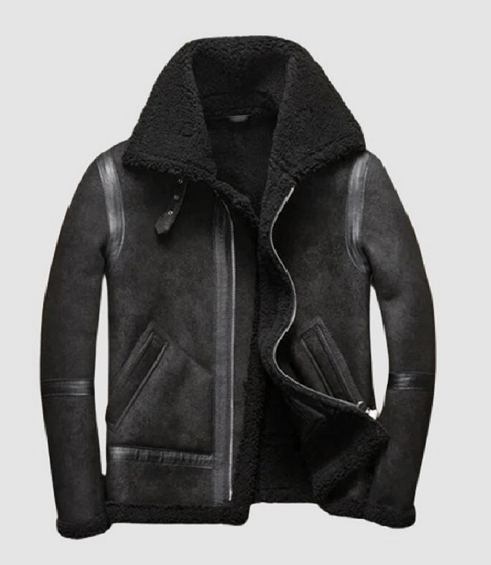 Mens Matte Black Shearling Leather Jacket