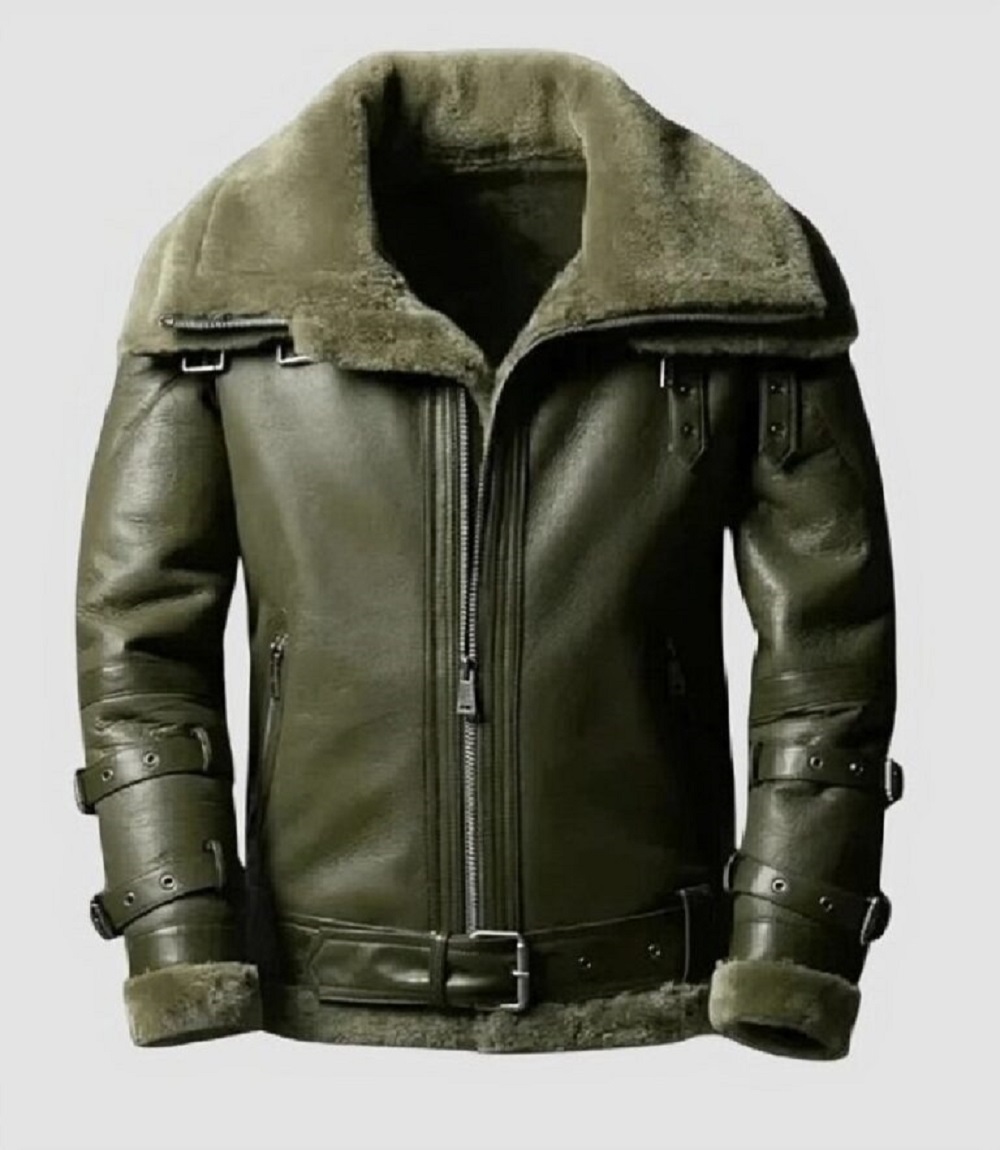 Mens Military Green Aviator Jacket, Double Collar with Cozy Shearling