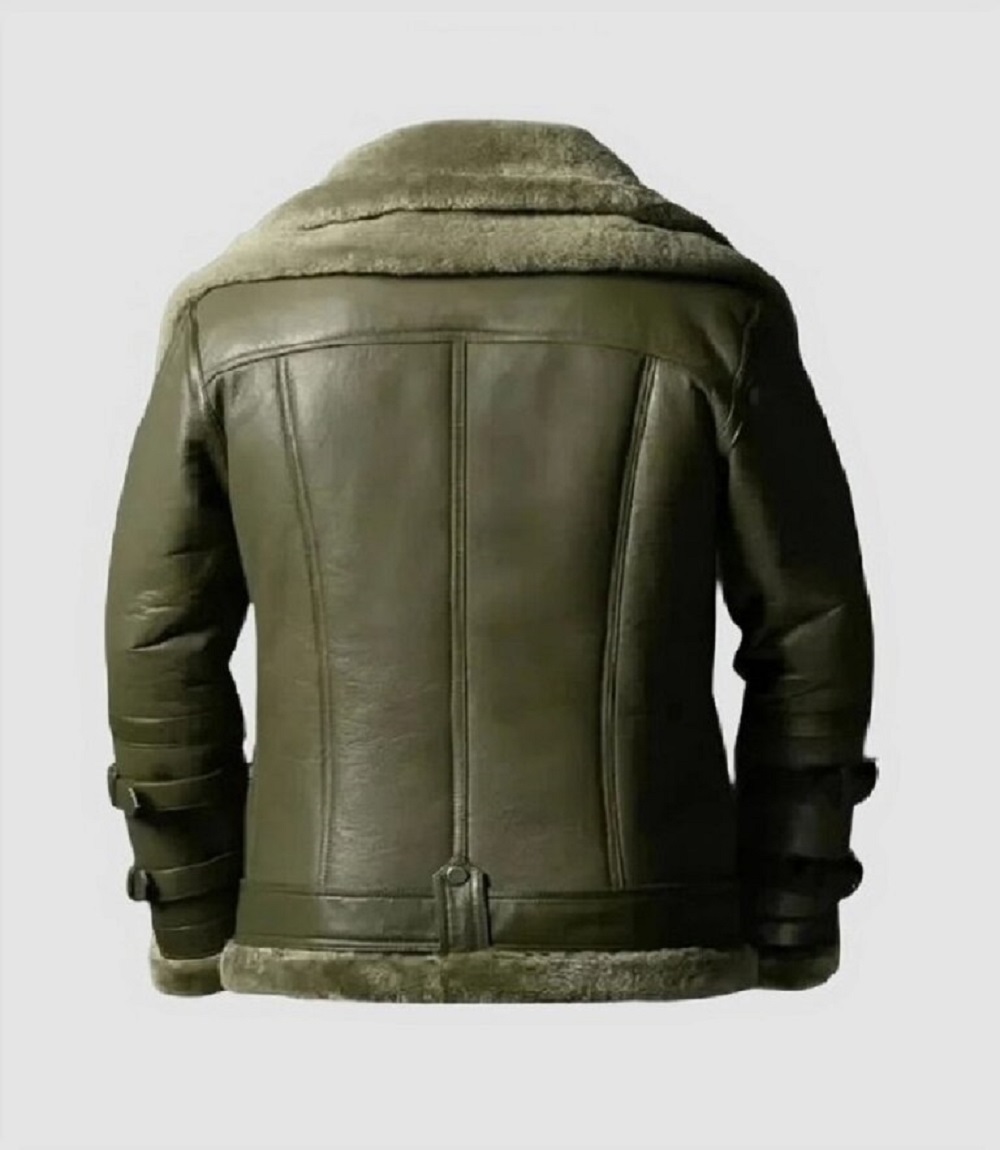 Mens Military Green Aviator Jacket, Double Collar with Cozy Shearling