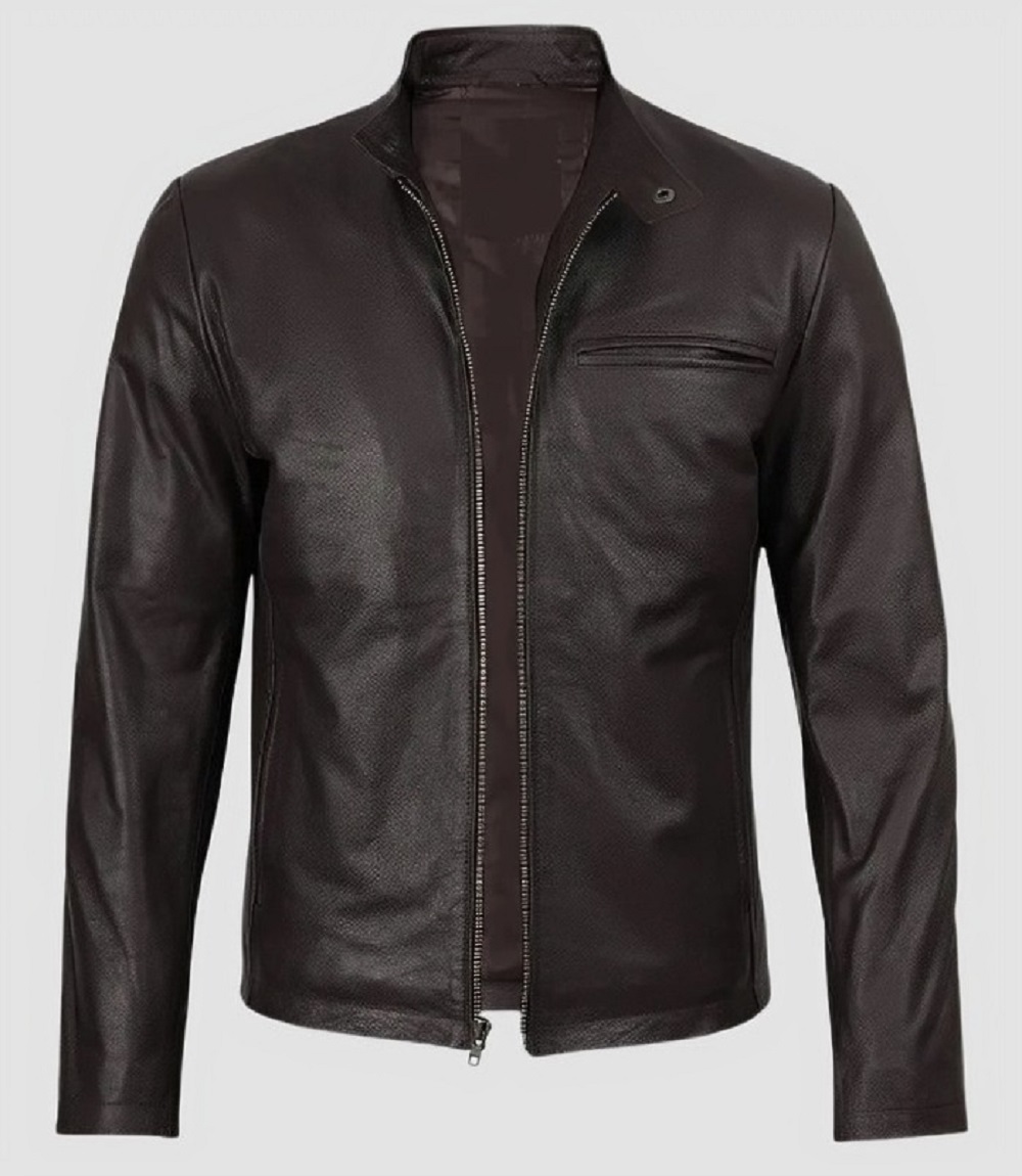 Mens Premium Classic Dark Brown Leather Racer Jacket