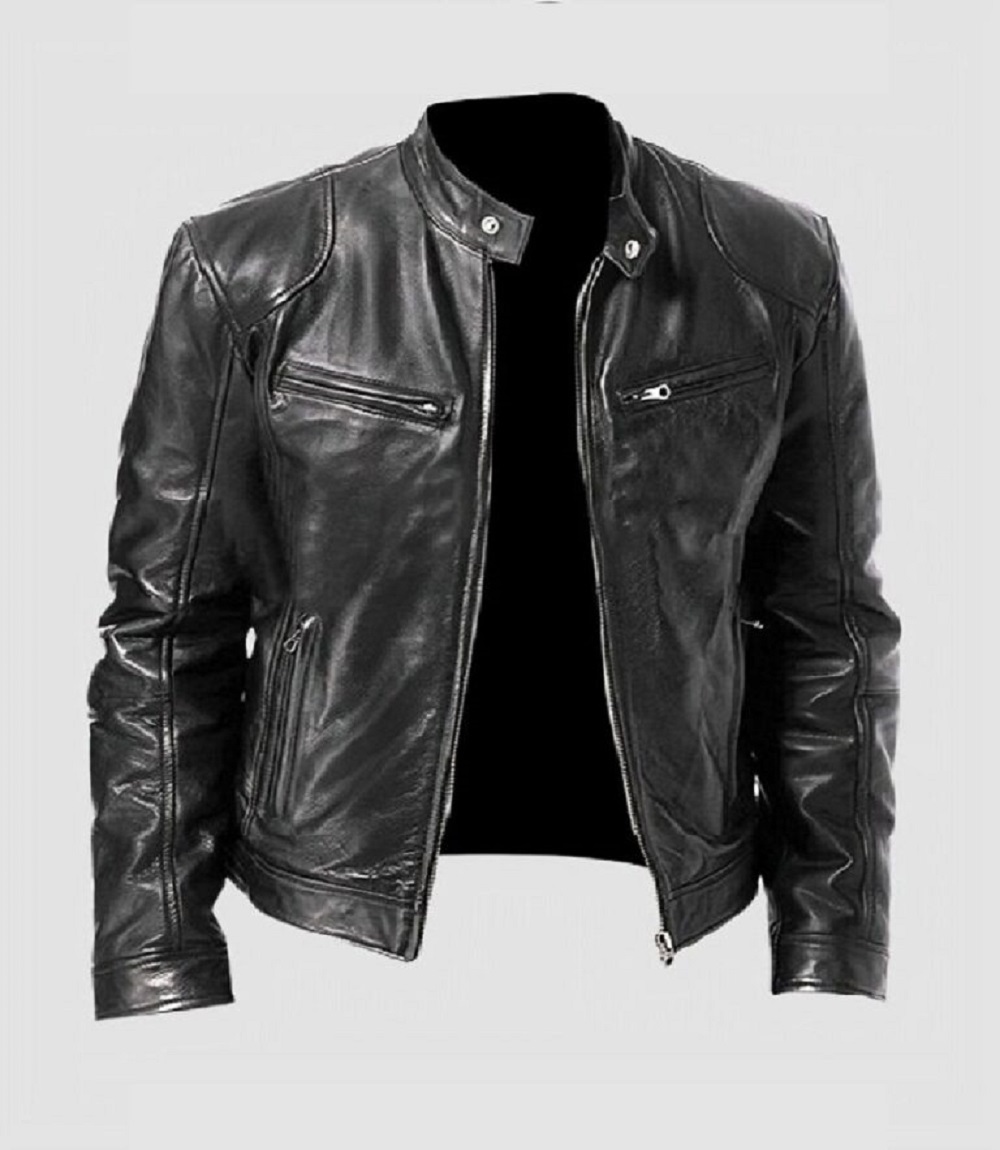 Mens Retro Faux Motorcycle Stand Collar Biker Leather Jacket