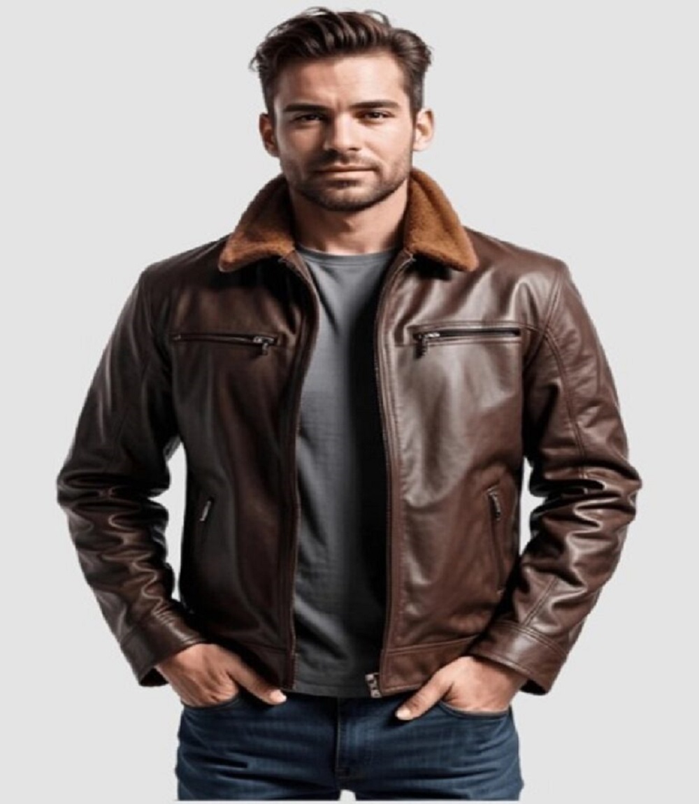 Mens Shearling Collar Leather Biker Jacket