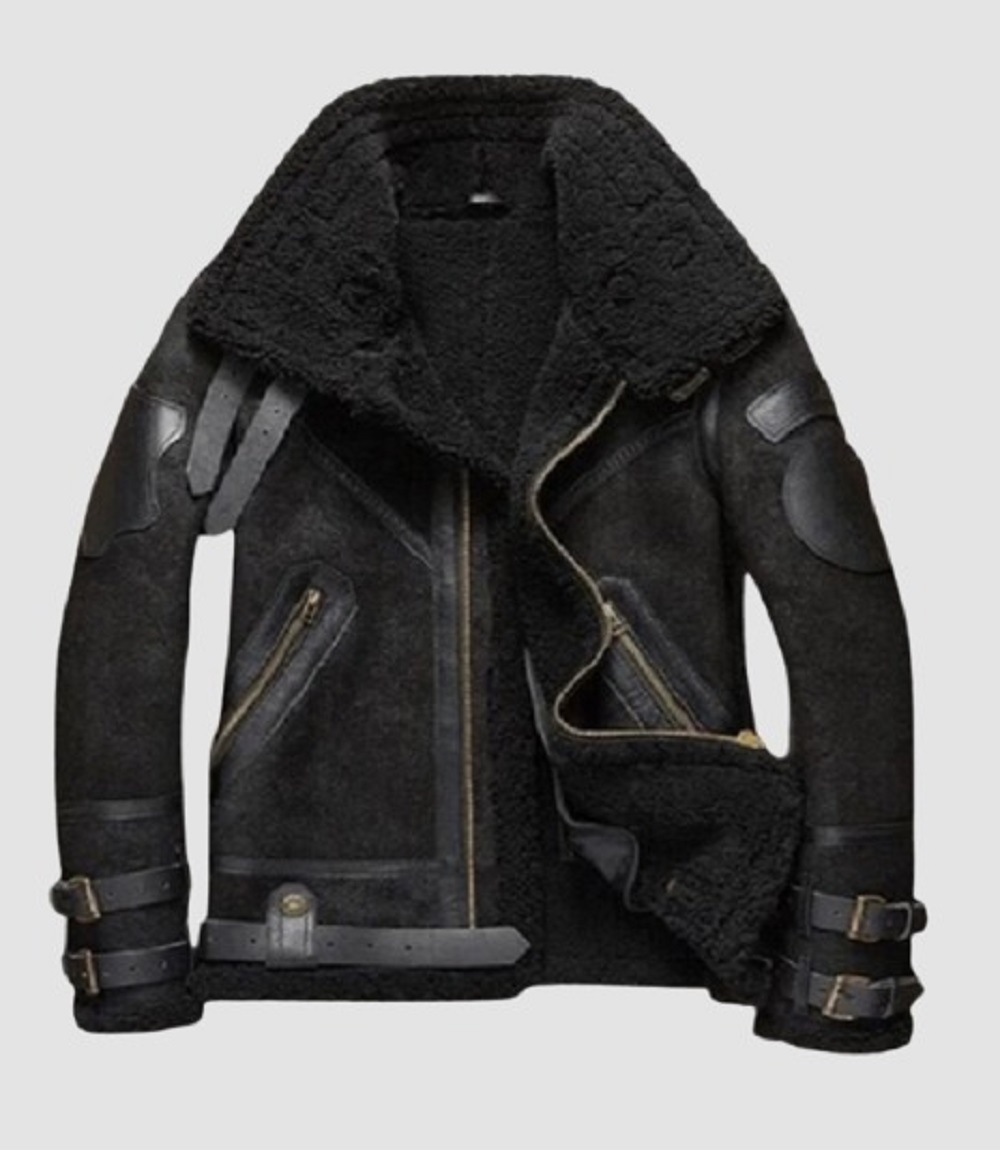 Mens Shearling Pilot Jacket in Distressed Black Leather