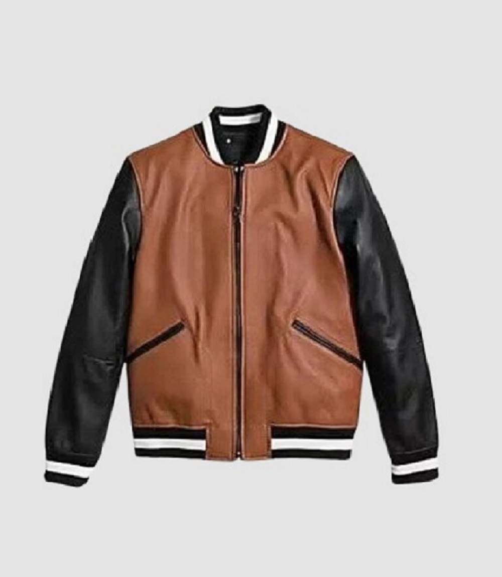 Men’s Two-Tone Varsity Tan Black Leather Jacket