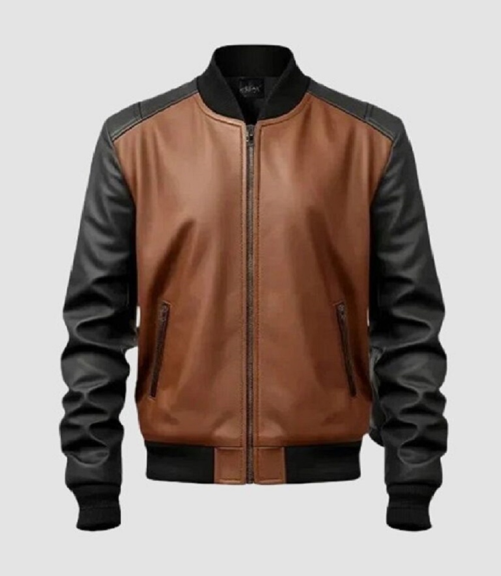 Mens Two-Tone Vintage Brown and Black Leather Bomber Jacket