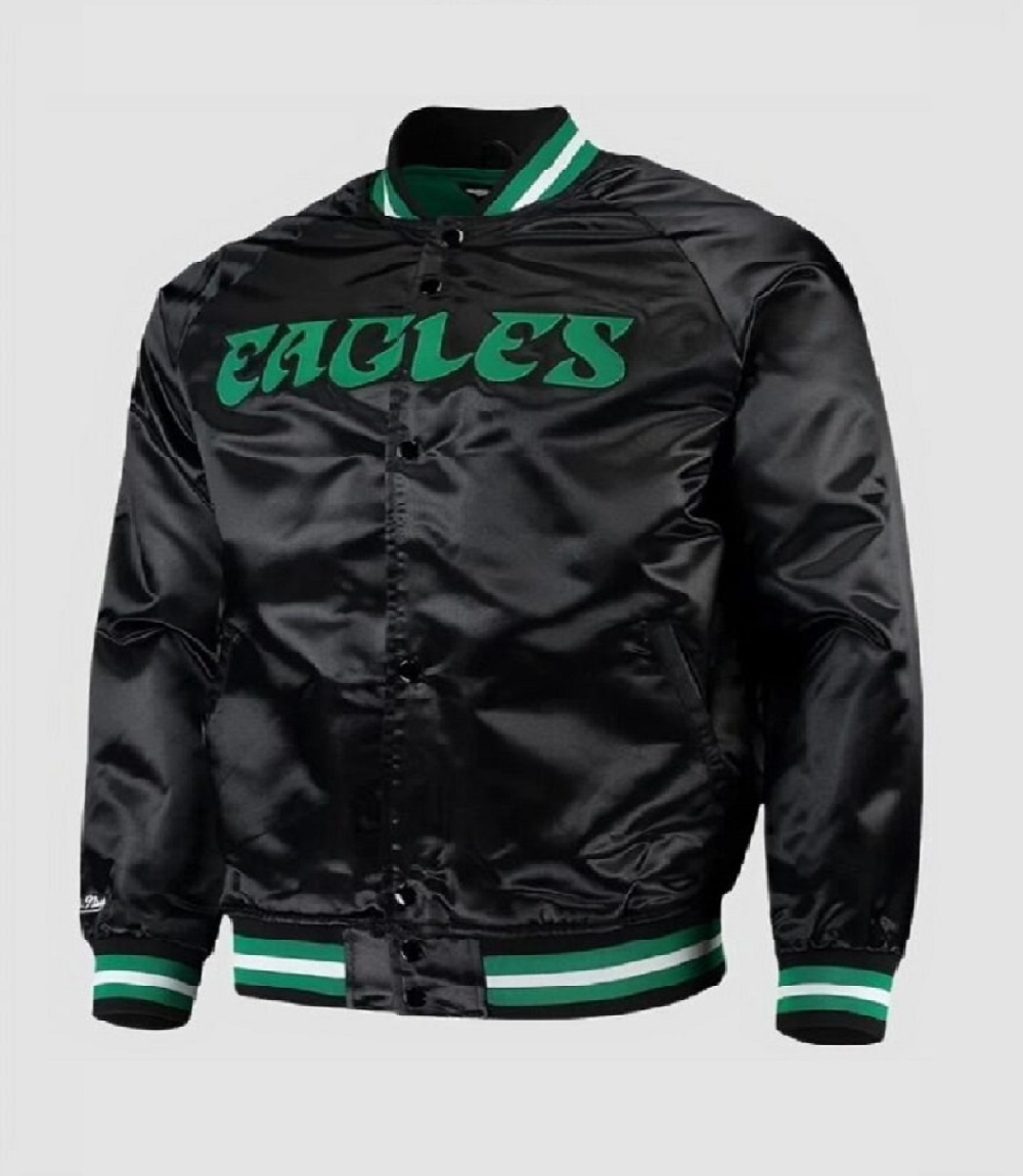 Mens Varsity Black Satin Jacket by Mitchell & Ness