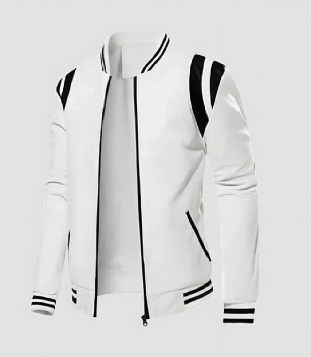 Mens White Black Stylish Biker Leather Jacket