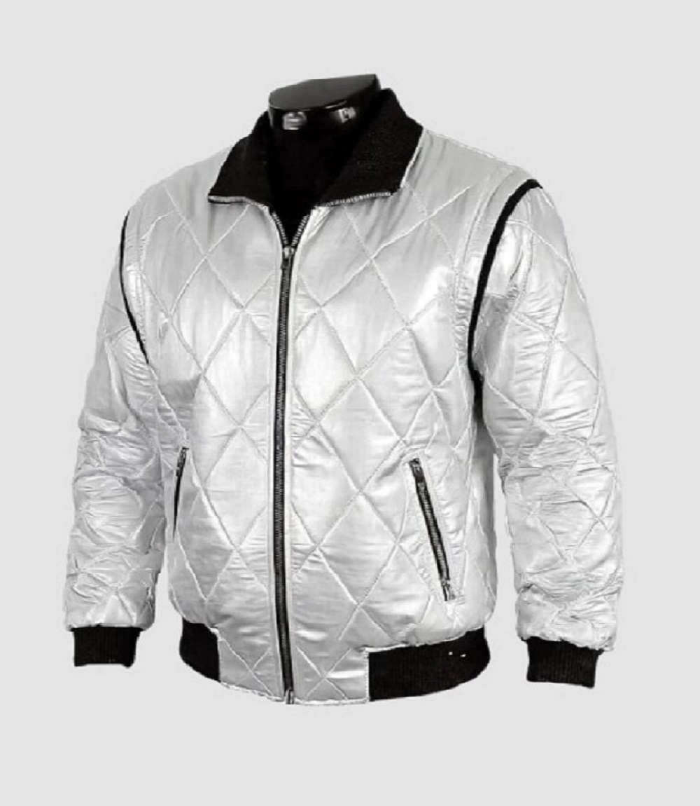 Mens White Quilted Bomber Satin Jacket