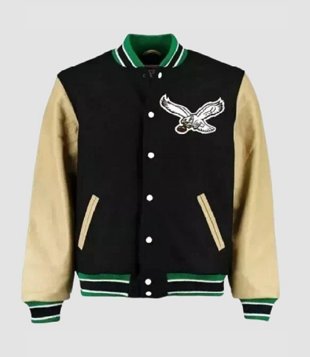 Mens Wool Letterman Bomber Jacket with Leather Sleeves