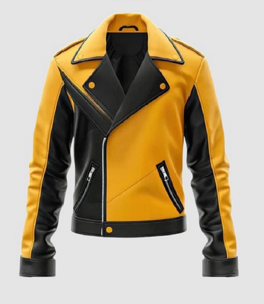 Men’s Yellow and Black Notch Lapel Biker Leather Jacket