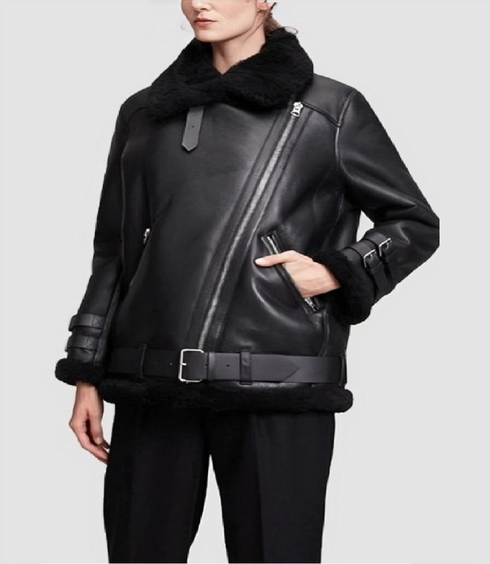 Midnight Womens Black Shearling Moto Buckled and Bold Jacket