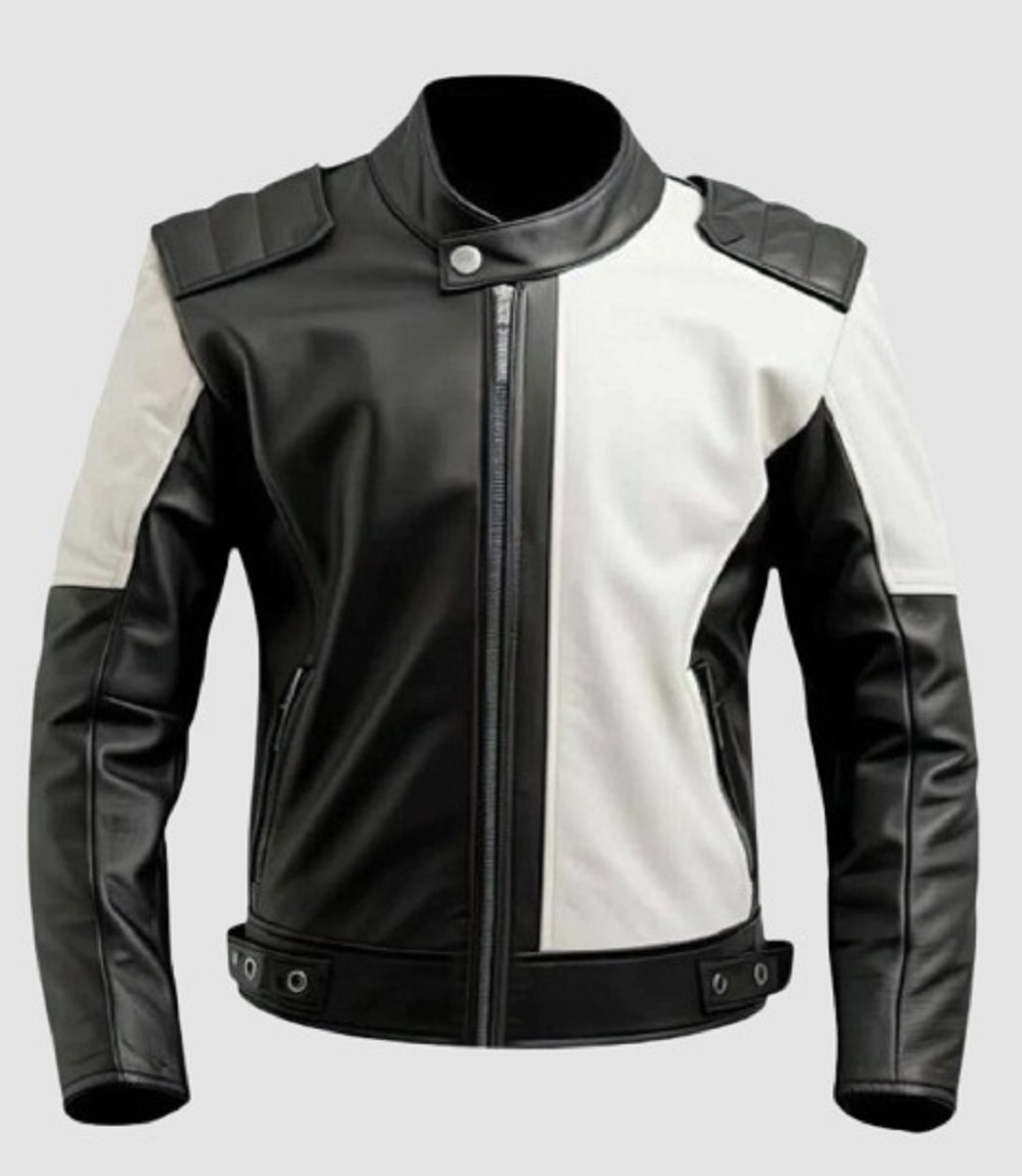 The Race Breaker Mens Black White Leather Jacket