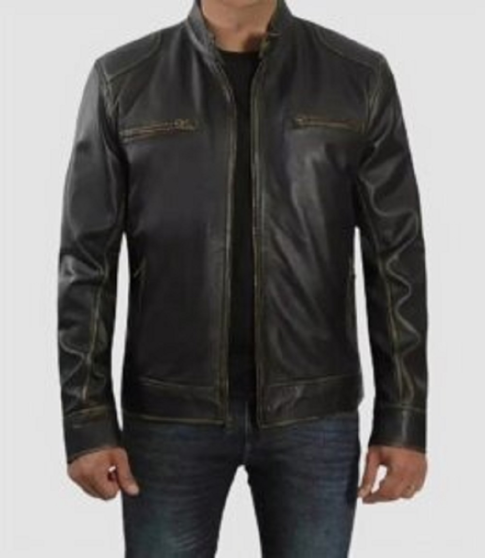 Vintage Look Men’s Brown Distressed Café Racer Tall Leather Jacket