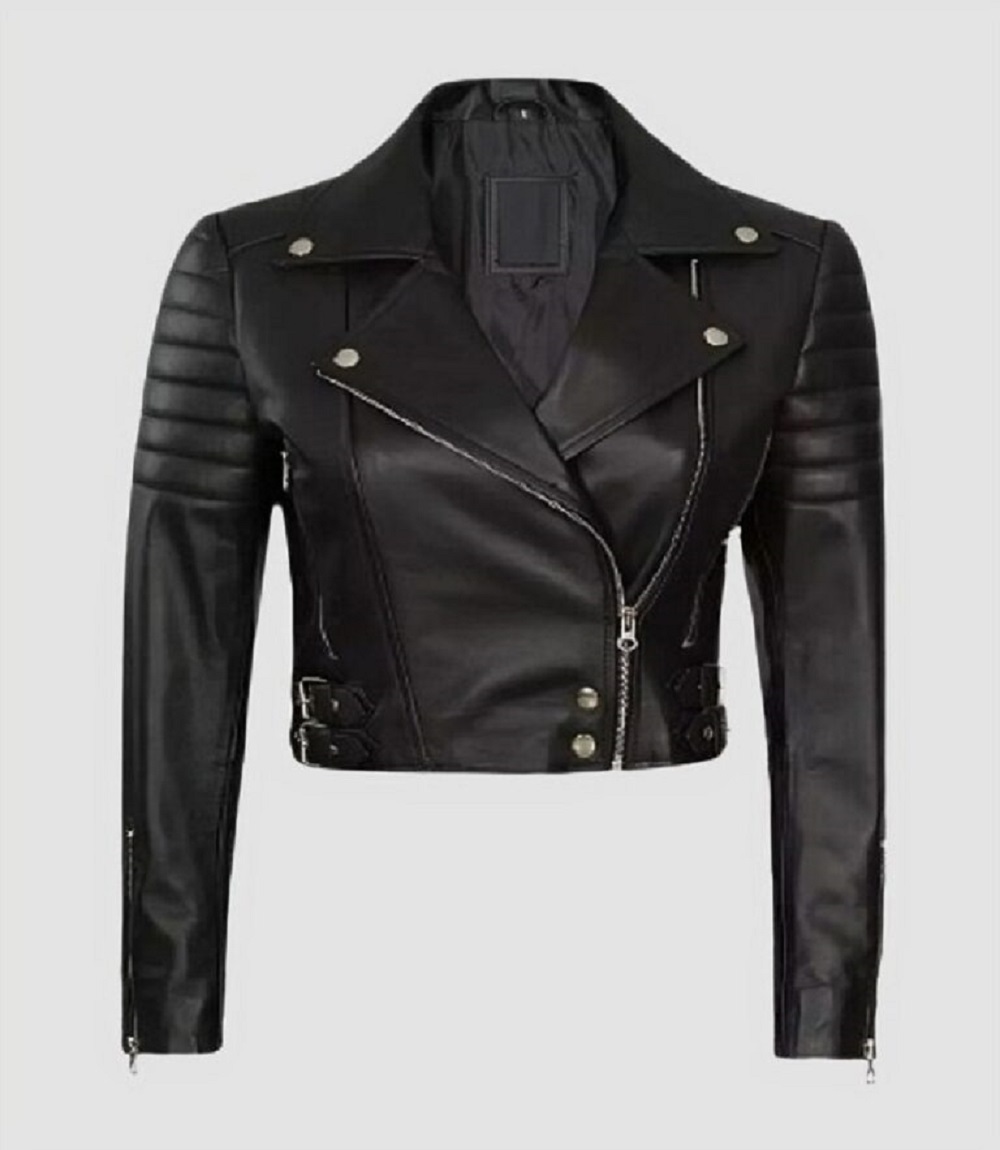 Women Cropped Leather Jacket For Motorcycle Biker