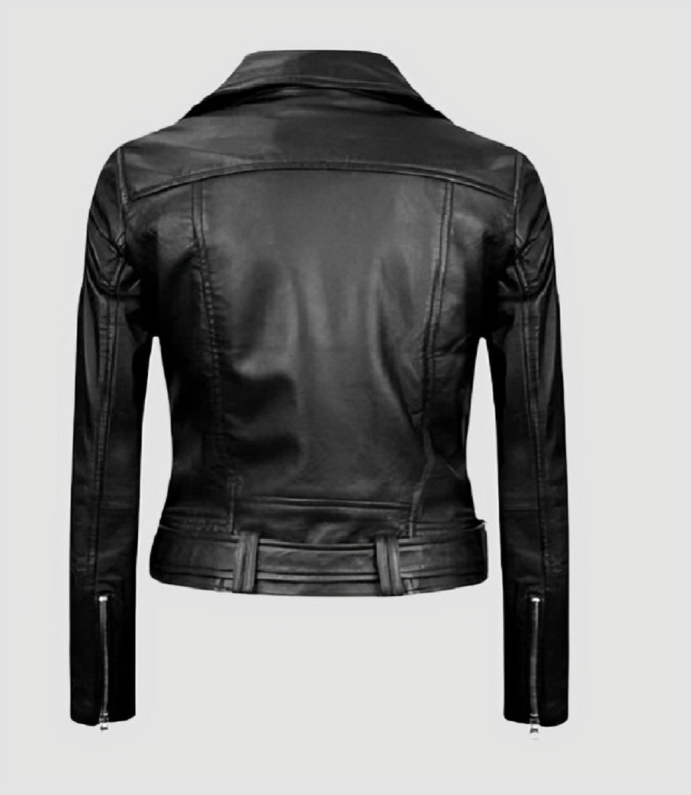 Women’s Black Biker Leather Jacket back side