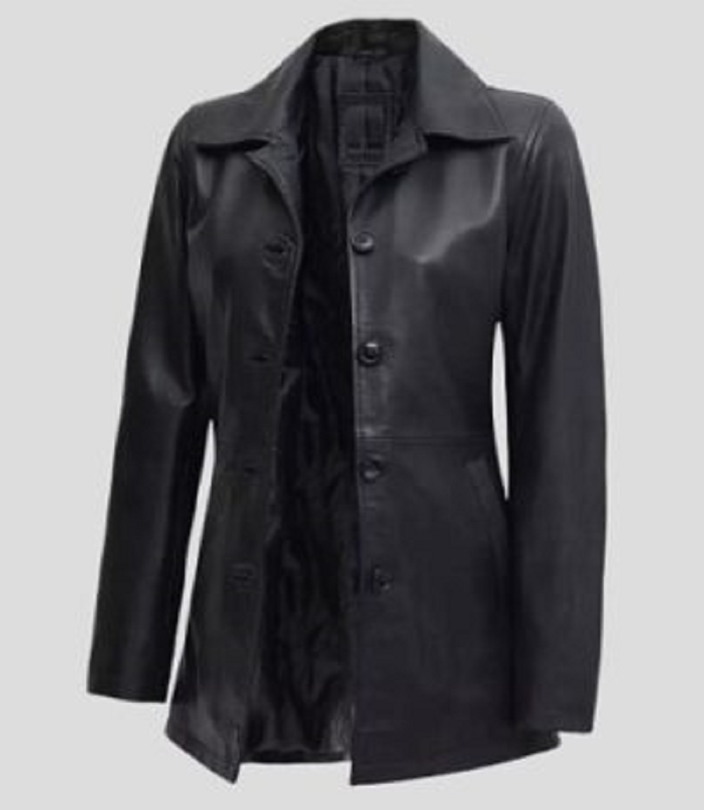 Women’s Black Leather Length Car Coat