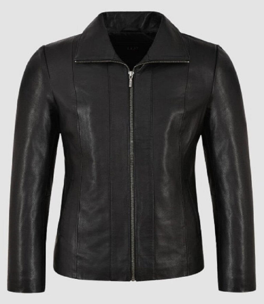 Womens Classic Black Leather Jacket with Front Zipper