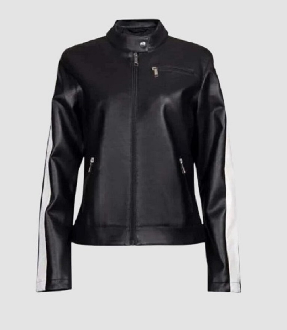 Womens Leather Black Biker Jacket White Stripes