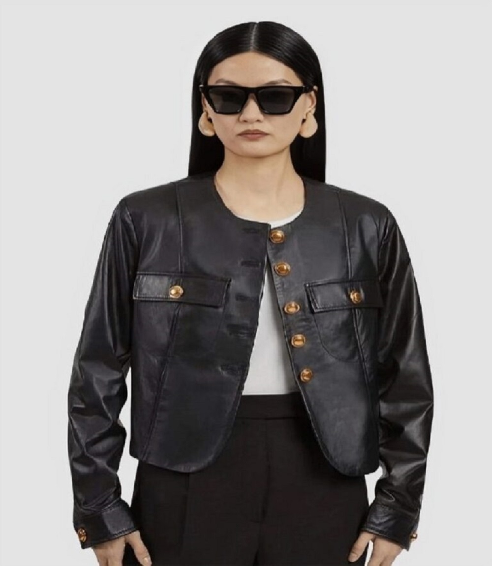 Womens Modern Collarless Design Leather Jacket